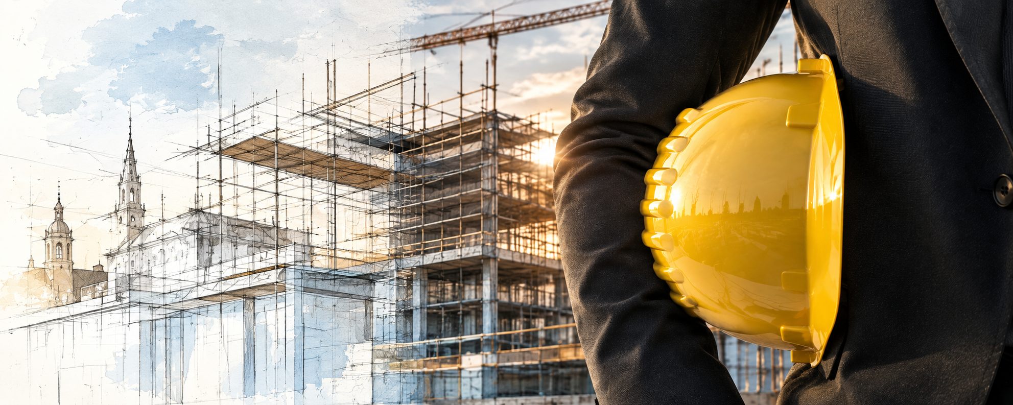 Dal disegno di progetto al cantiere: tecnico EDILPAS con il casco giallo davanti a una struttura in costruzione